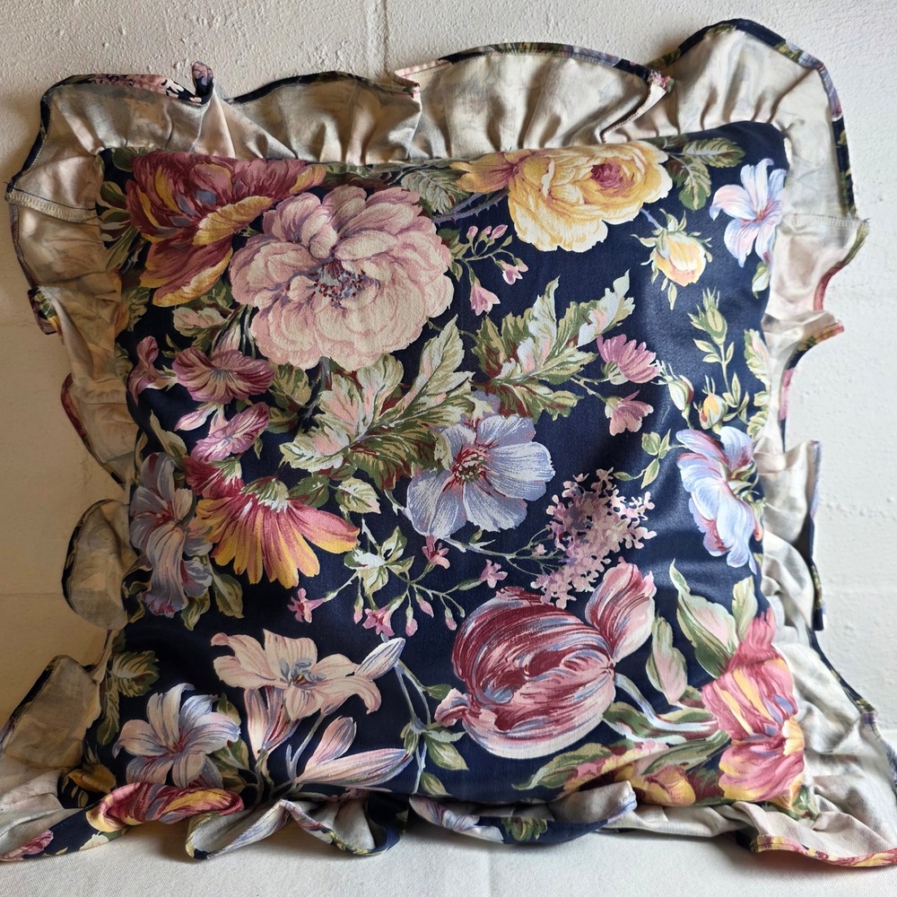 Vintage Floral Ruffled Throw Pillow Navy Blue Pink Botanical Cottagecore - Picture 9 of 9